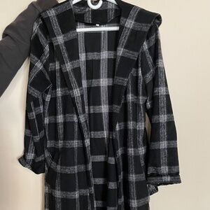 Black and White Plaid Long Jacket (with hood and tie)